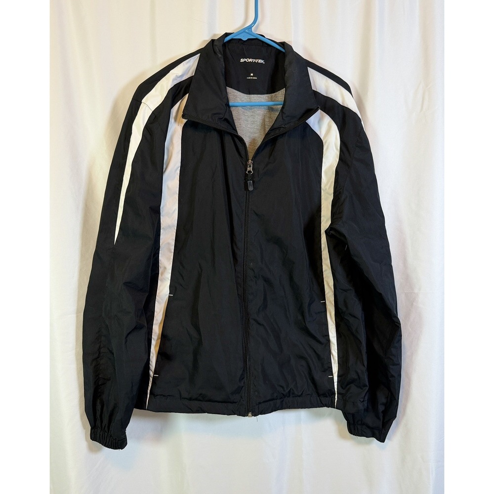 Men's Medium Sport-Tek Colorblock Raglan Windbreaker, Jacket Black and White